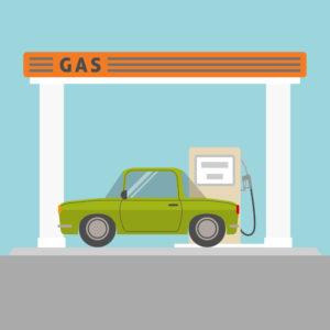 Imagem vetorial que ilustra um automóvel parado em um posto de combustível abastecendo.