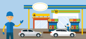 imagem vetorial que ilustra um frentista a frente de um posto de gasolina.